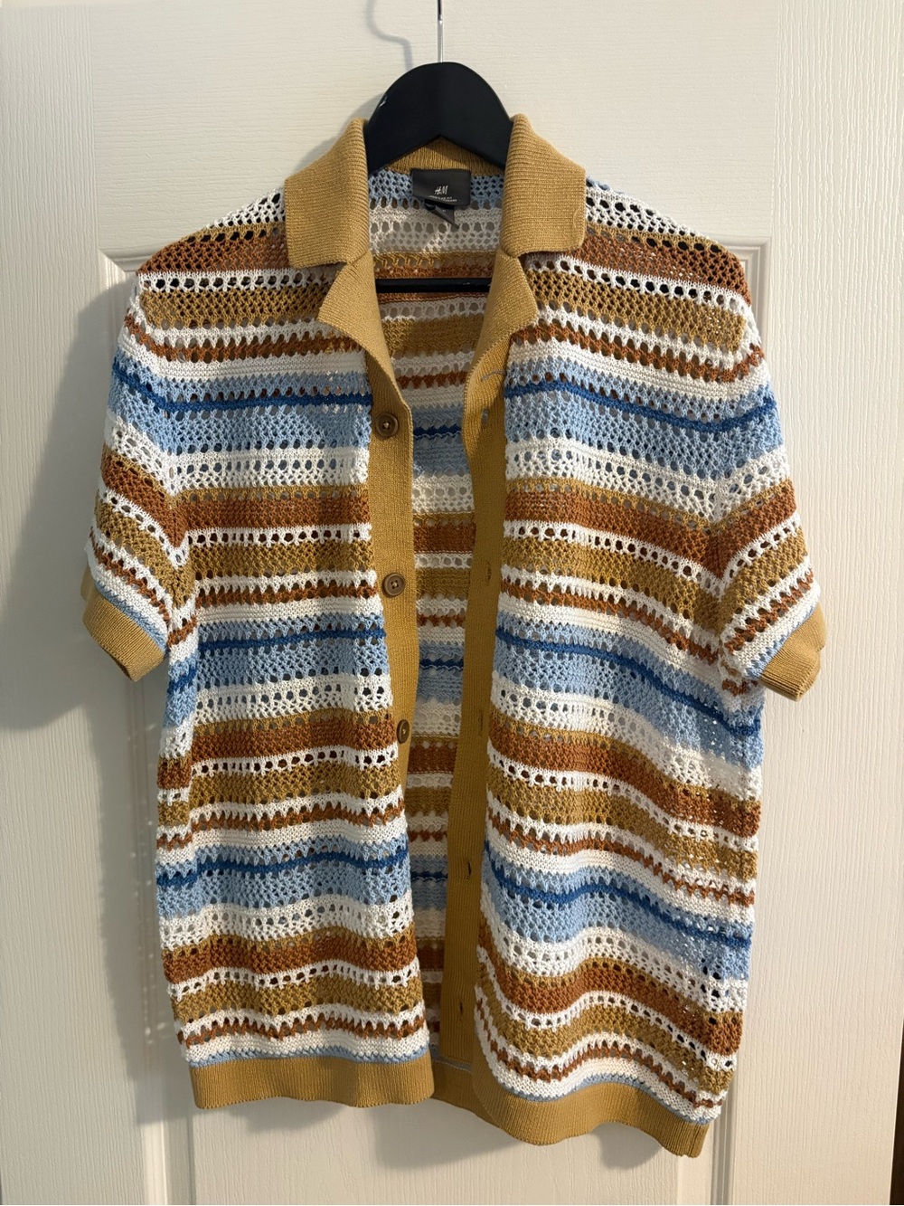 H&M Open-Knit Stripe Polo Sweater in Mustard, Light Blue, White, Rust